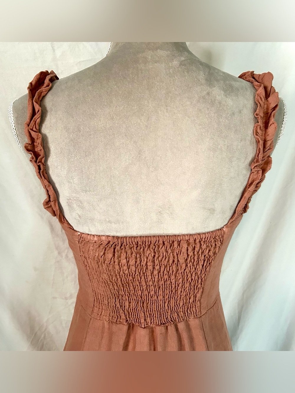 Zara Terracotta Ruffle Bow Linen/Cotton Blend Midi Dress, Size S - Picture 11 of 16